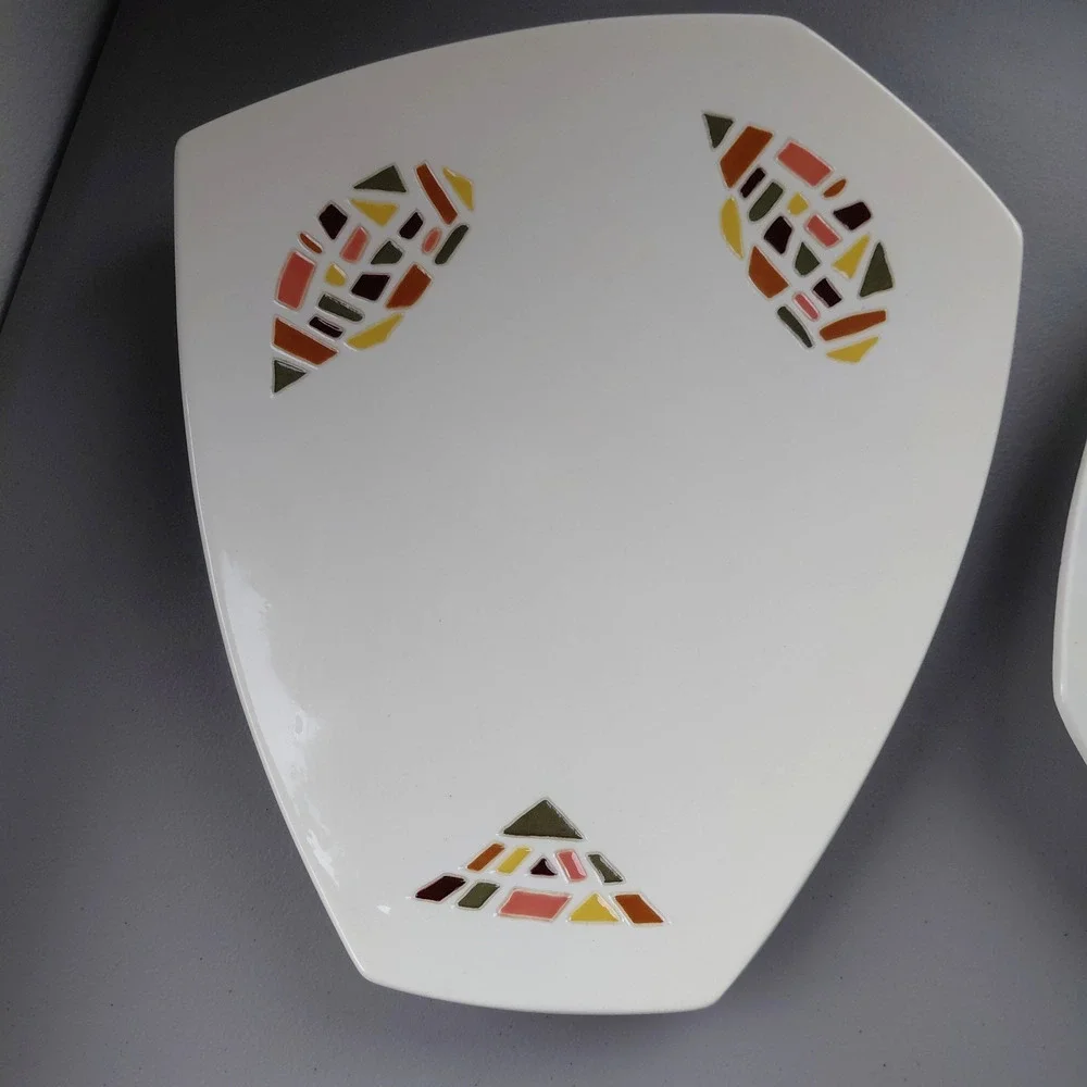 1960's Triangular Serving Platter Mid-century Modern Set of 2 Cream Groovey VTG